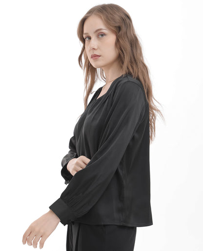 Rareism Women Lohan Black Polyester Fabric Full Sleeve V-Neck Solid Regular Length Top