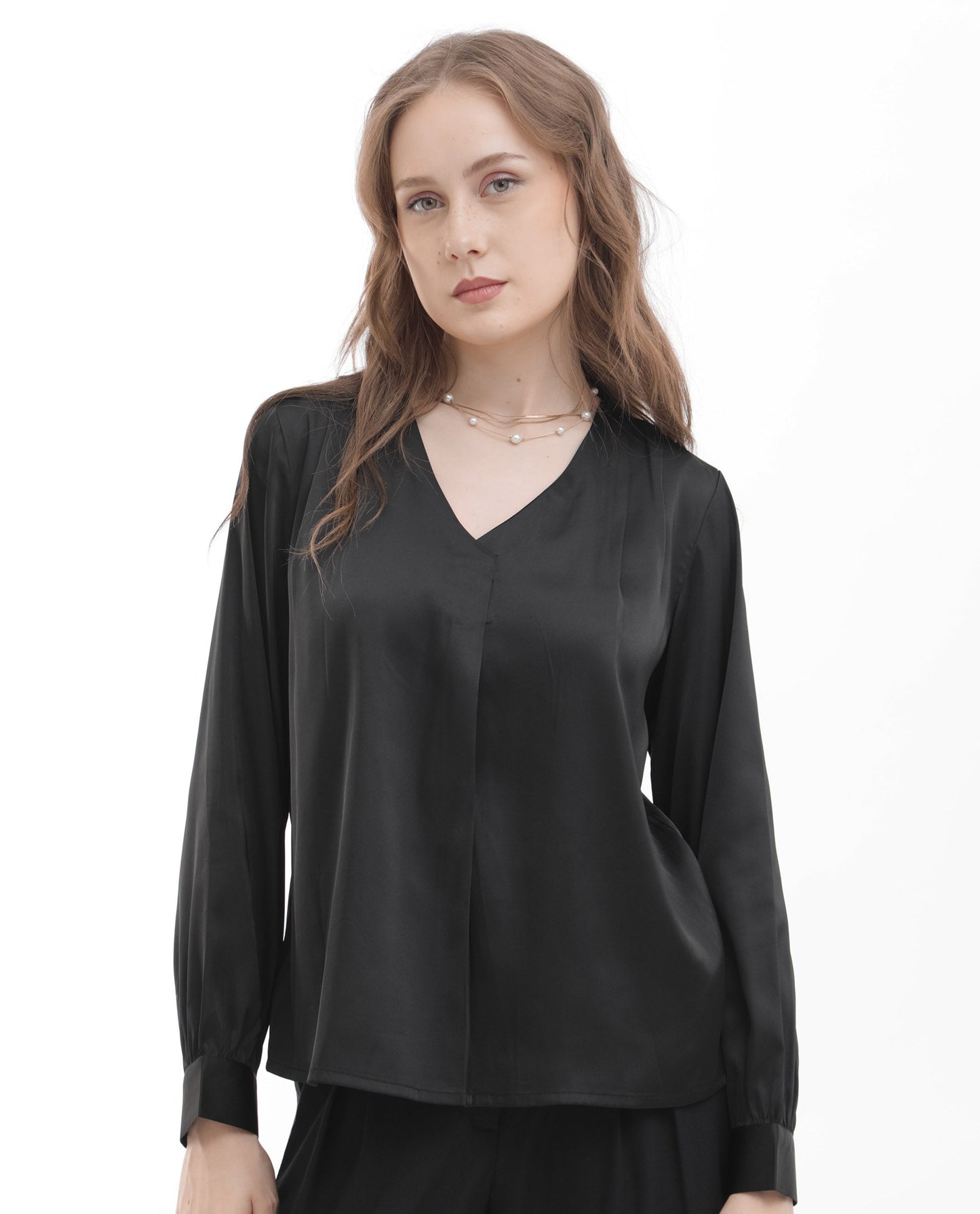 Rareism Women Lohan Black Polyester Fabric Full Sleeve V-Neck Solid Regular Length Top