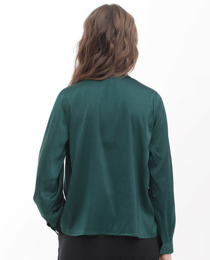 Rareism Women Lohan Dark Green Polyester Fabric Full Sleeve V-Neck Solid Regular Length Top