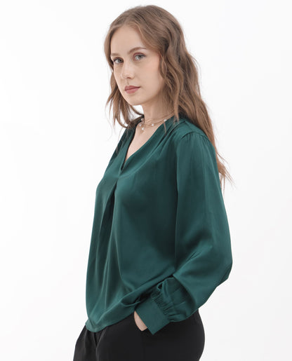 Rareism Women Lohan Dark Green Polyester Fabric Full Sleeve V-Neck Solid Regular Length Top