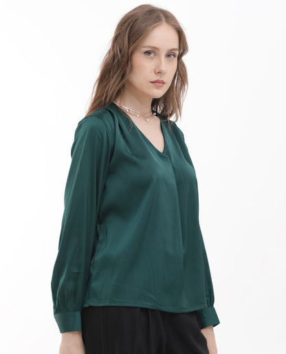 Rareism Women Lohan Dark Green Polyester Fabric Full Sleeve V-Neck Solid Regular Length Top