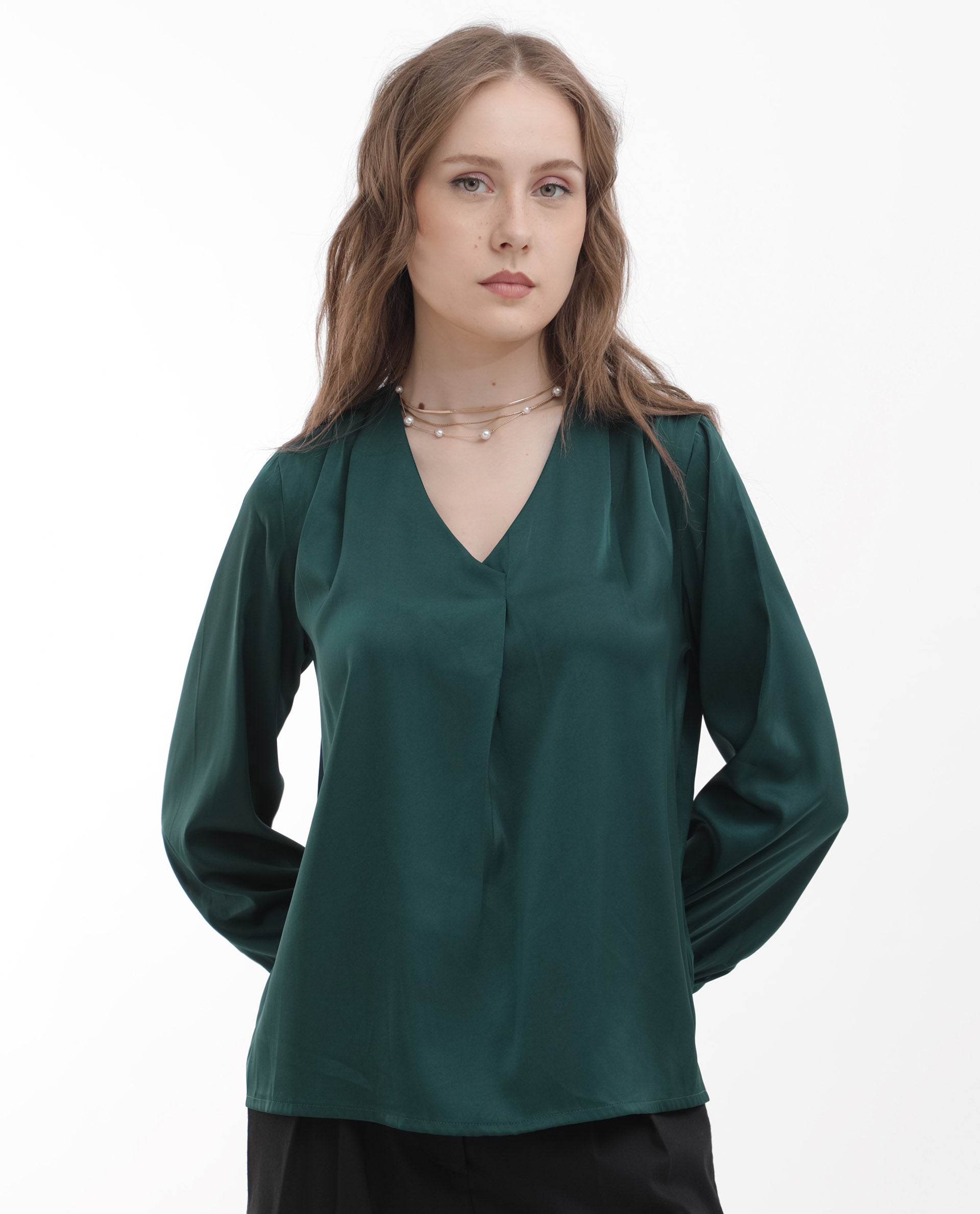 Rareism Women Lohan Dark Green Polyester Fabric Full Sleeve V-Neck Solid Regular Length Top