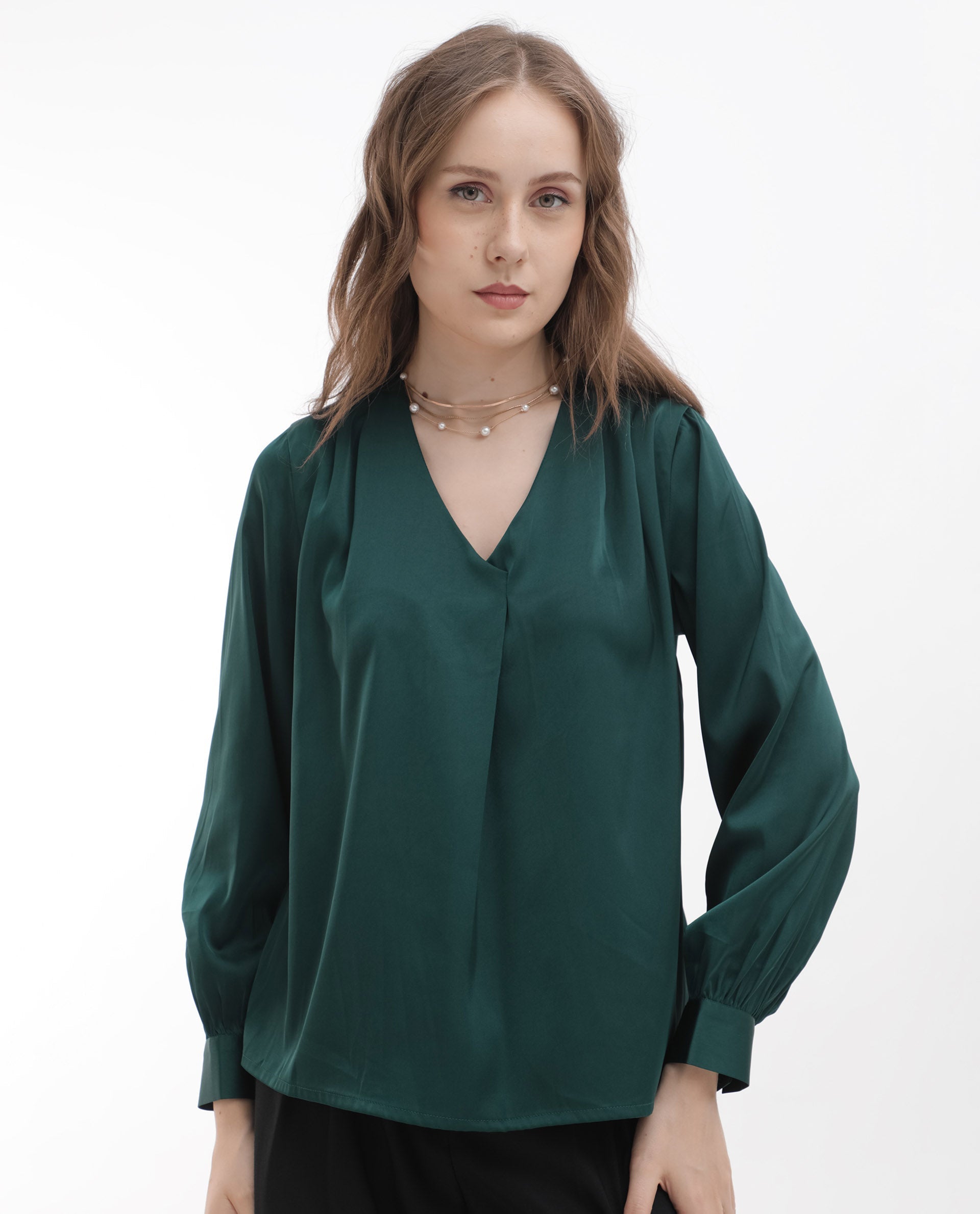 Rareism Women Lohan Dark Green Polyester Fabric Full Sleeve V-Neck Solid Regular Length Top