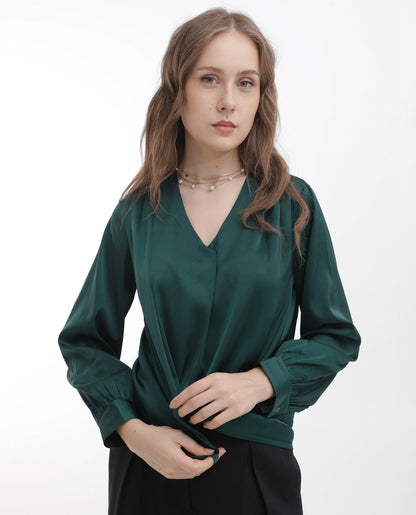 Rareism Women Lohan Dark Green Polyester Fabric Full Sleeve V-Neck Solid Regular Length Top