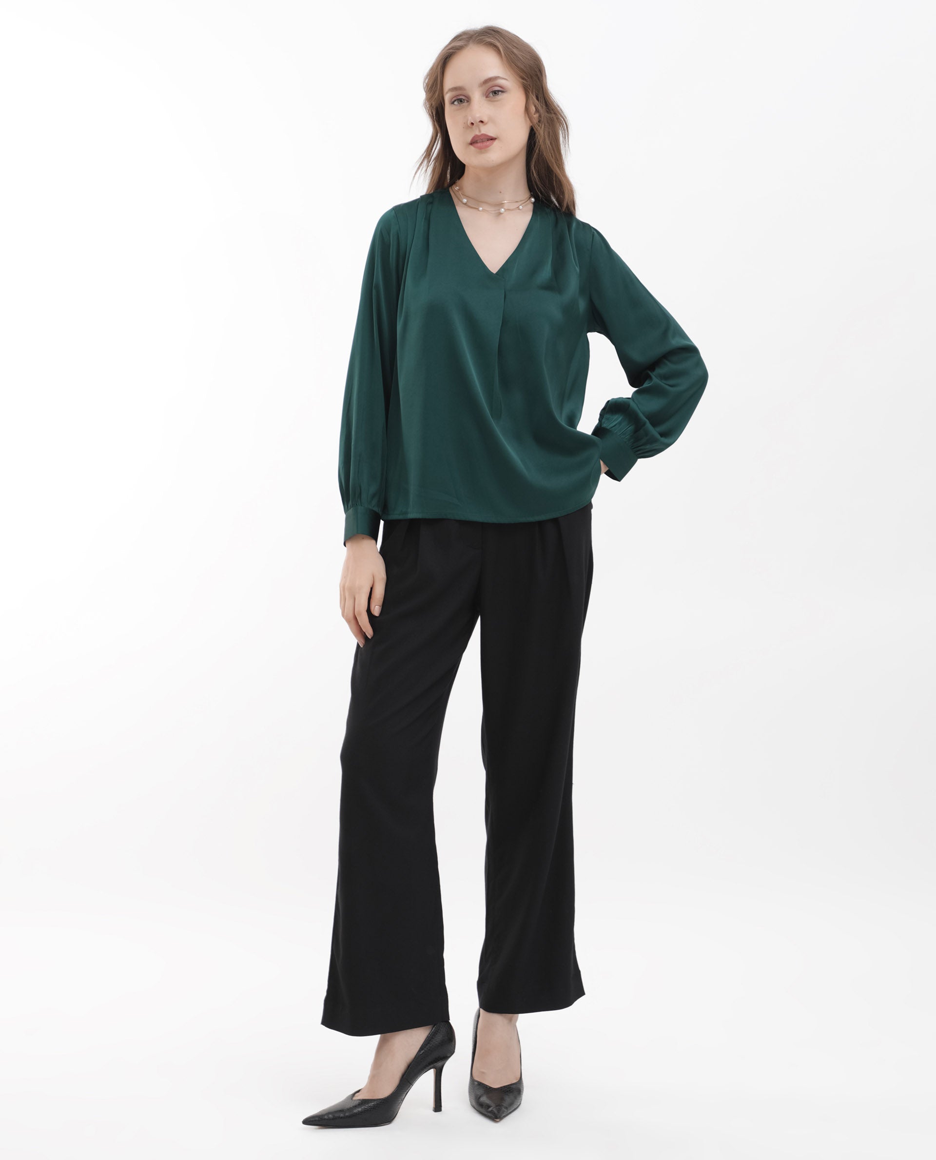 Rareism Women Lohan Dark Green Polyester Fabric Full Sleeve V-Neck Solid Regular Length Top