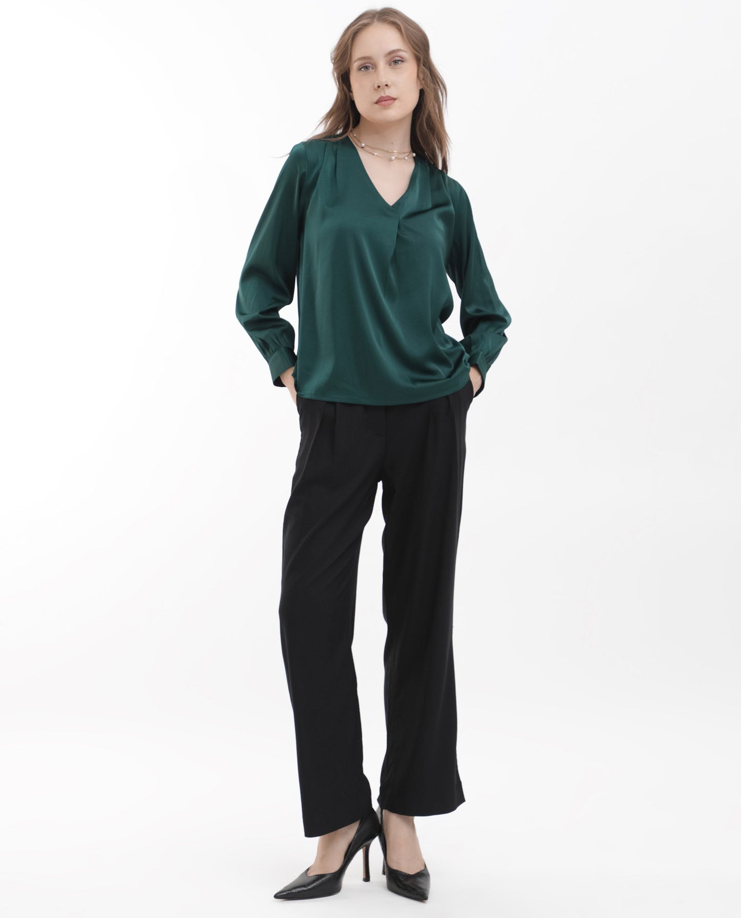 Rareism Women Lohan Dark Green Polyester Fabric Full Sleeve V-Neck Solid Regular Length Top