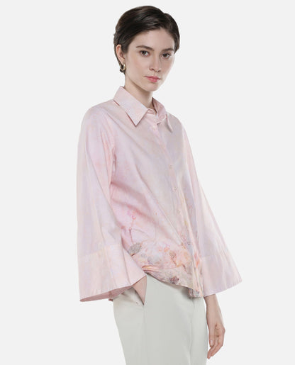 Rareism Women Loko Pink Bell Sleeves Collared Neck Button Closure Floral Print Top