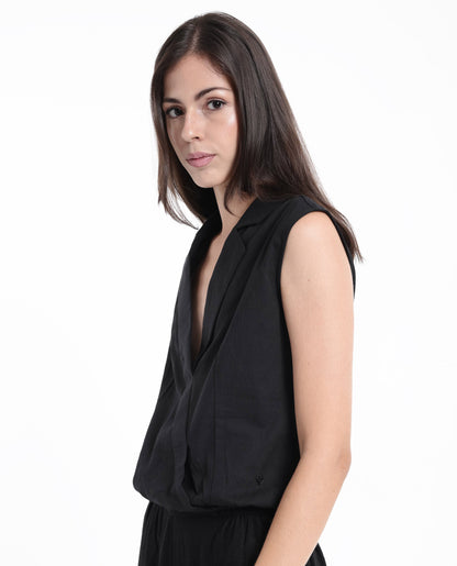 Rareism Women Lolia Black Sleeveless Lapel Neck Plain Top