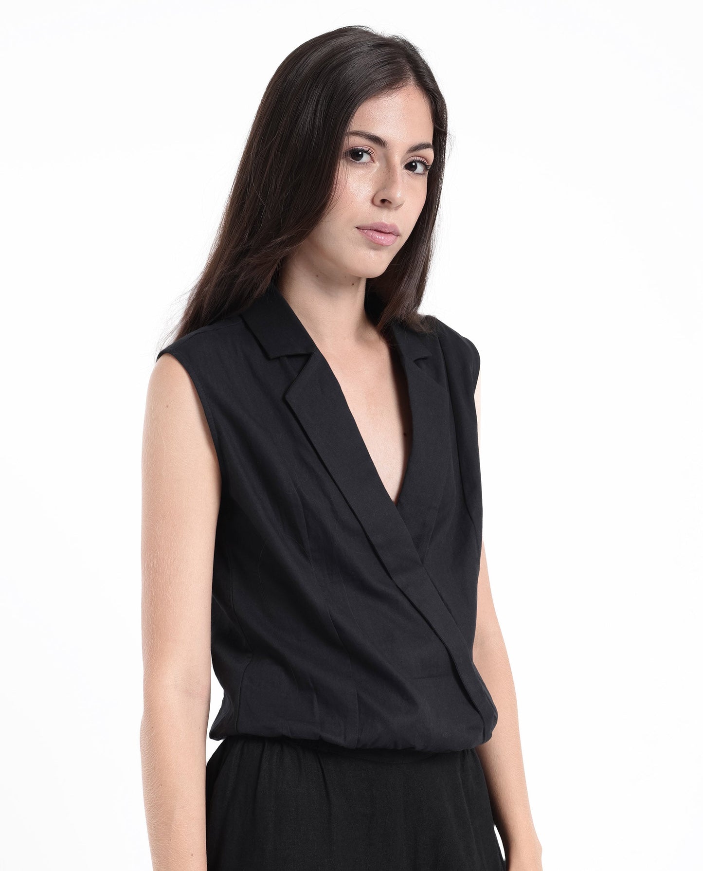 Rareism Women Lolia Black Sleeveless Lapel Neck Plain Top