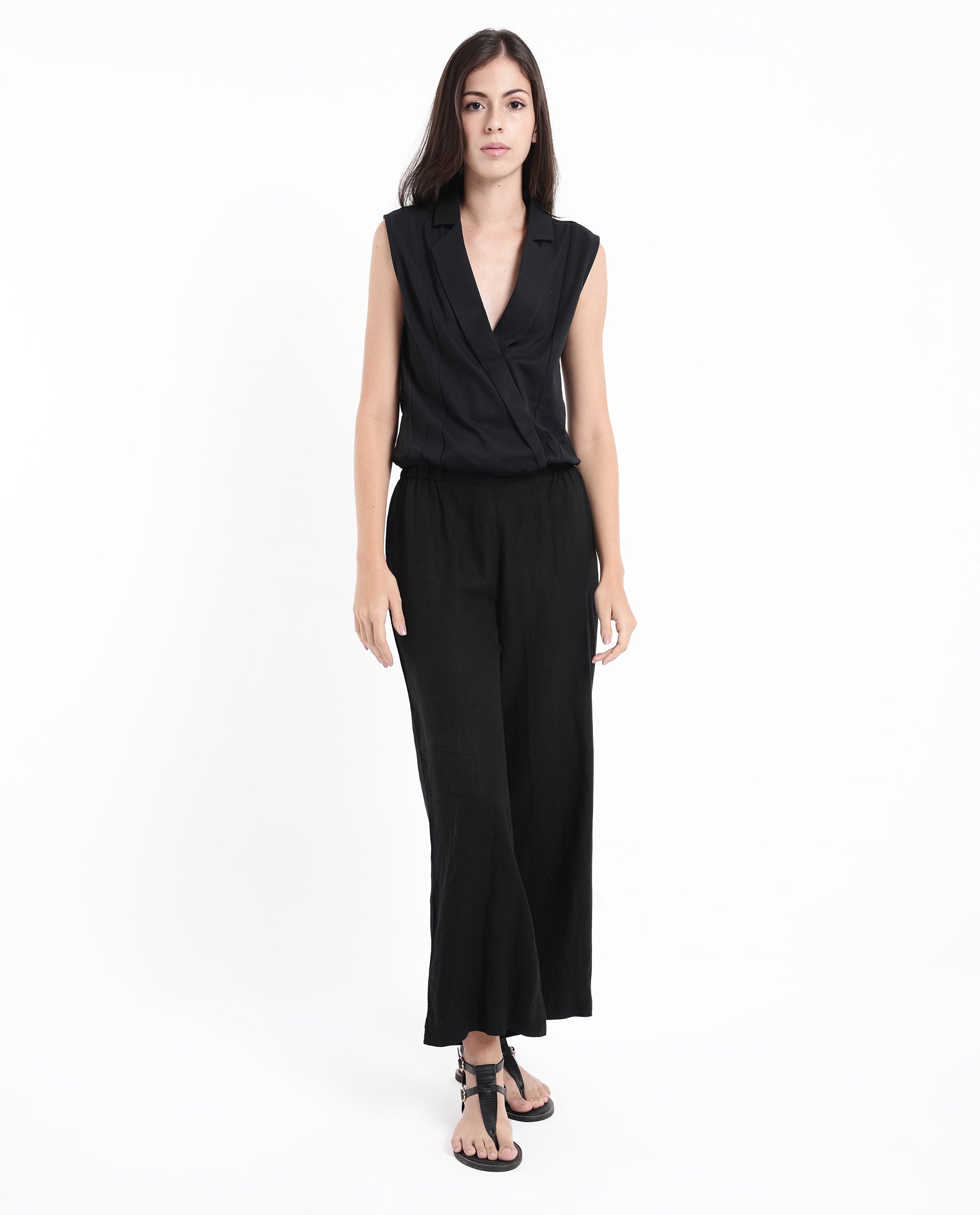 Rareism Women Lolia Black Sleeveless Lapel Neck Plain Top