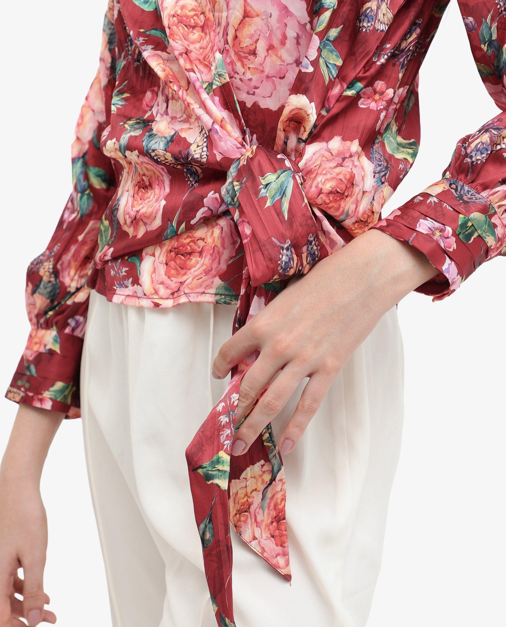 Rareism Women Lonna Red Top Full Sleeve Print