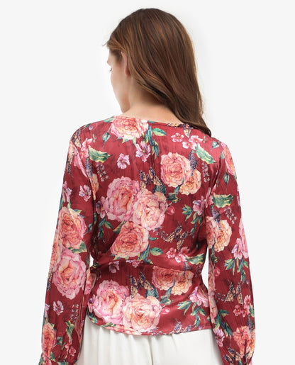 Rareism Women Lonna Red Top Full Sleeve Print