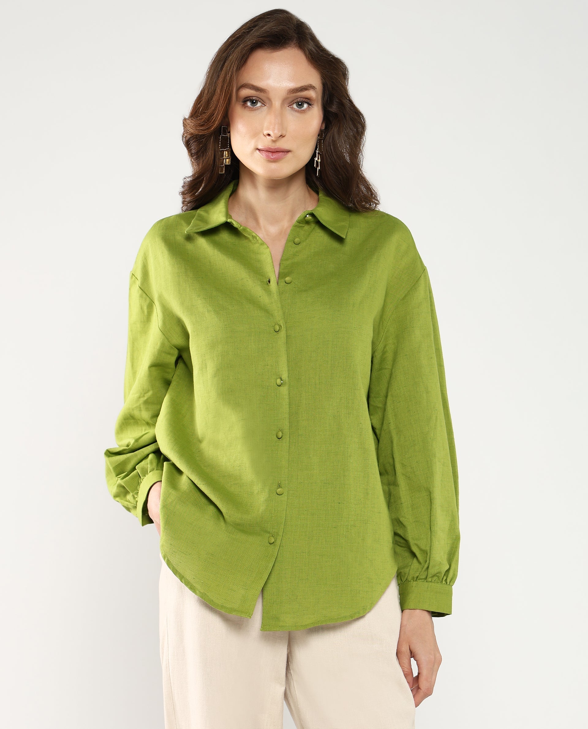 Rareism Women Lureno Light Olive Full Sleeve Collared Neck Button Closure Plain Top