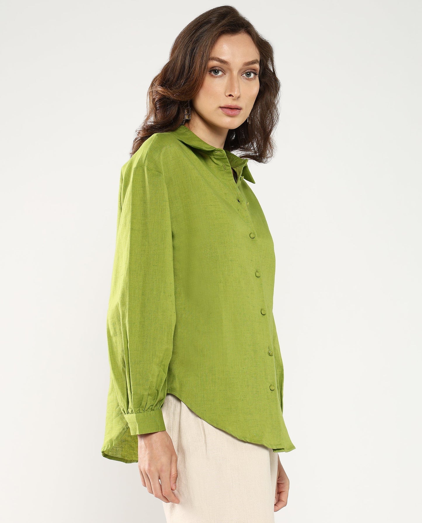 Rareism Women Lureno Light Olive Full Sleeve Collared Neck Button Closure Plain Top