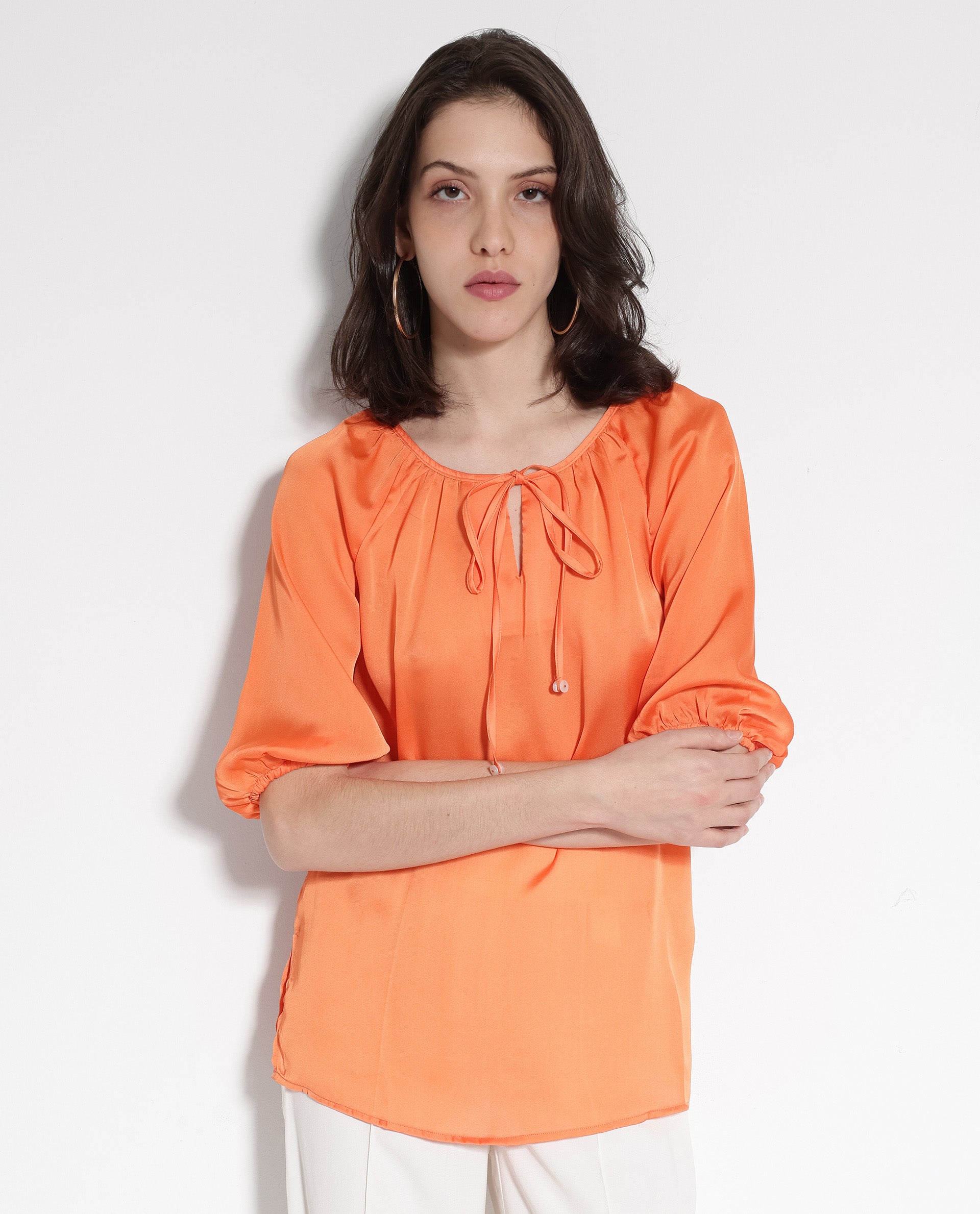 Rareism Women Maleda Orange Polyester Fabric Noodle Strap  Mini Cropped Solid Top