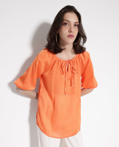 Rareism Women Maleda Orange Polyester Fabric Noodle Strap  Mini Cropped Solid Top