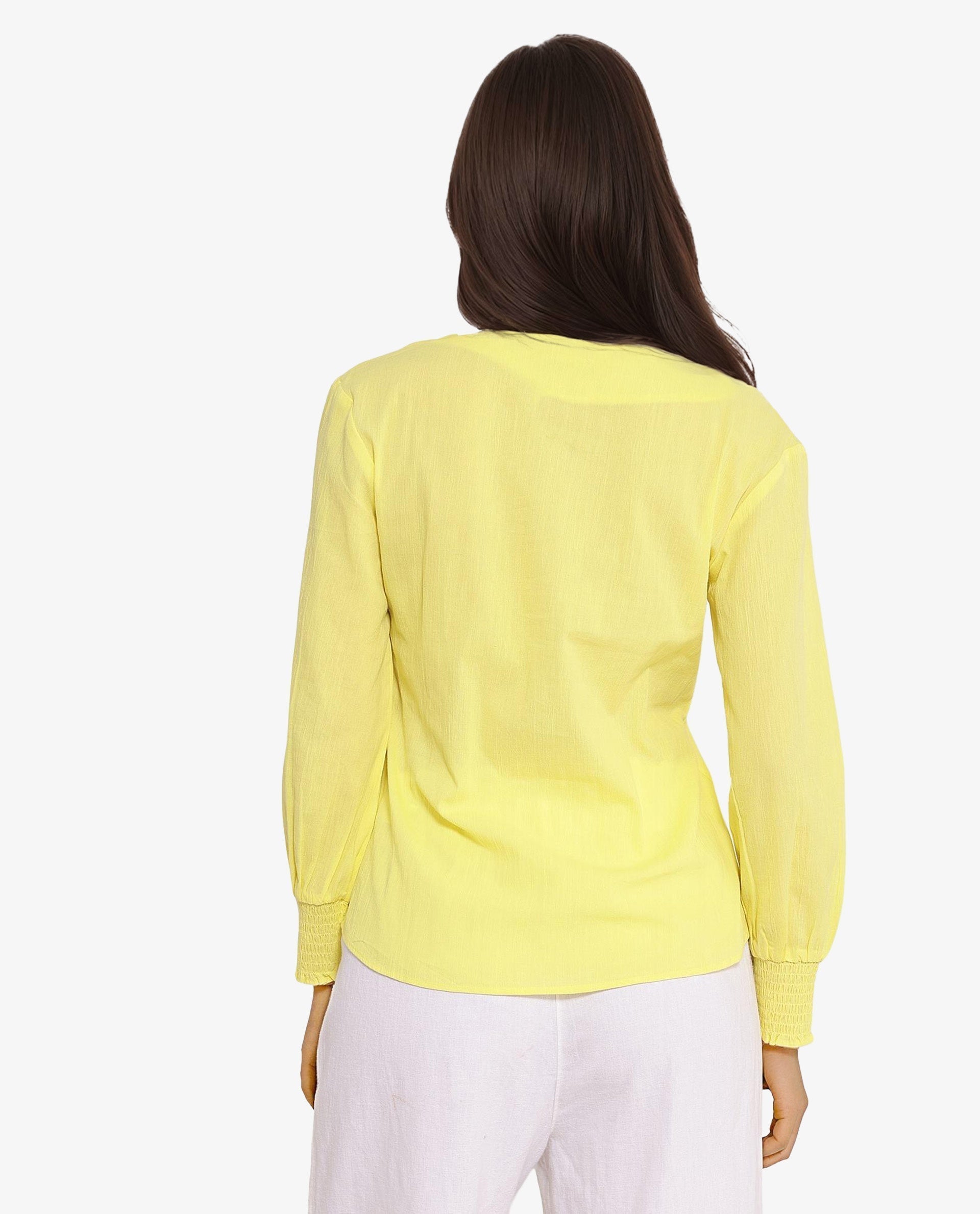 Rareism Women Mante Yellow Bishop Sleeve Round Neck Plain Top