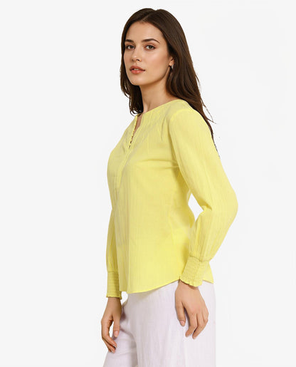 Rareism Women Mante Yellow Bishop Sleeve Round Neck Plain Top