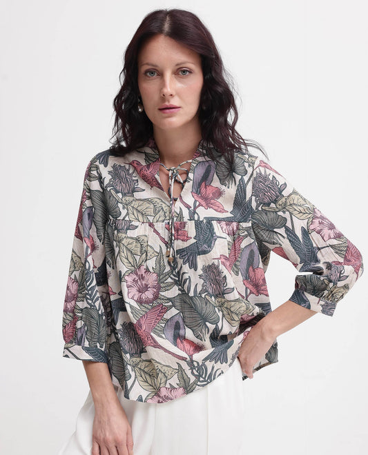 Rareism Women Marlia Multi Balloon Sleeve V-Neck Tie Up Tropical Print Top