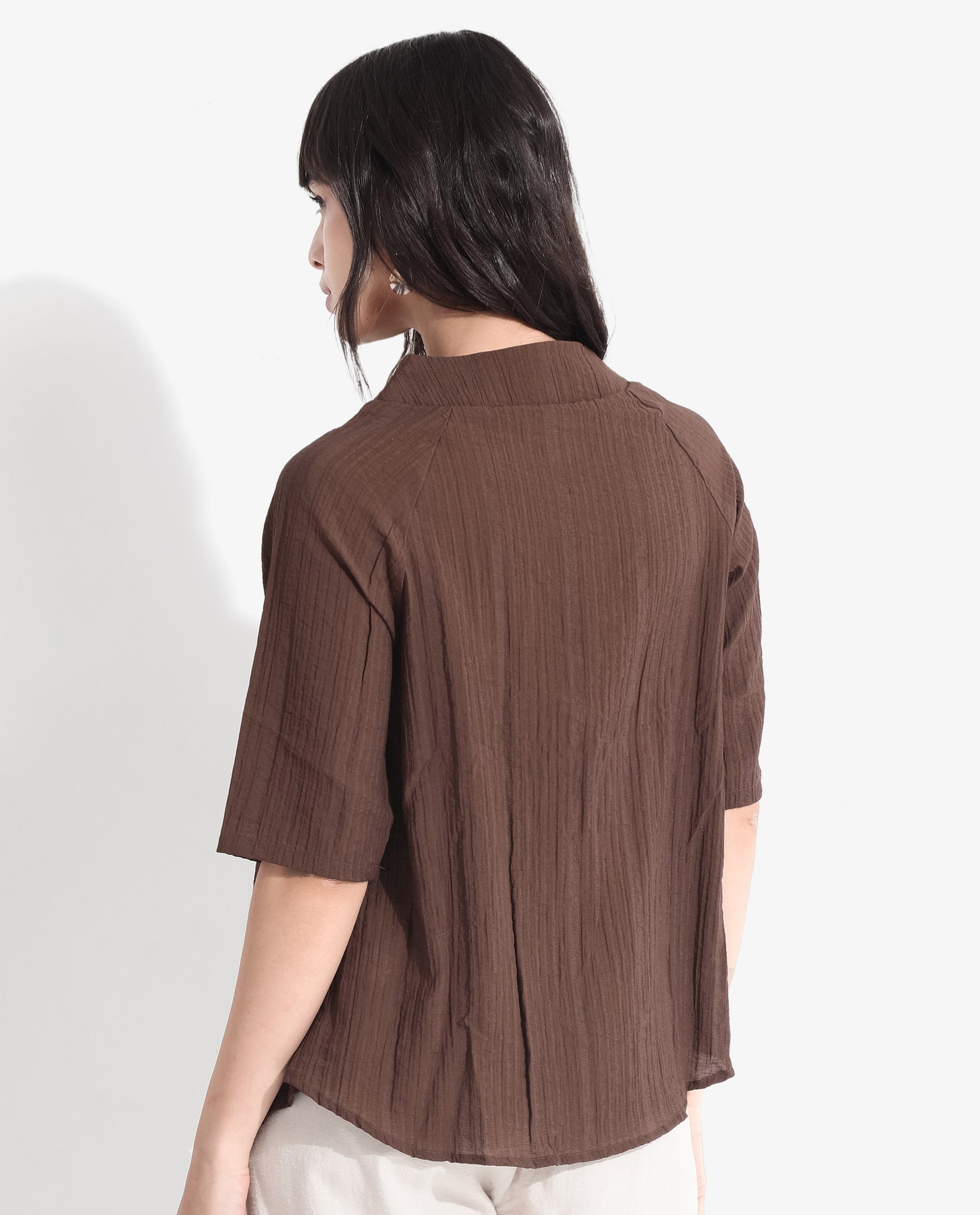 Rareism Women Maruka Rust Raglan Sleeves V-Neck Plain Top