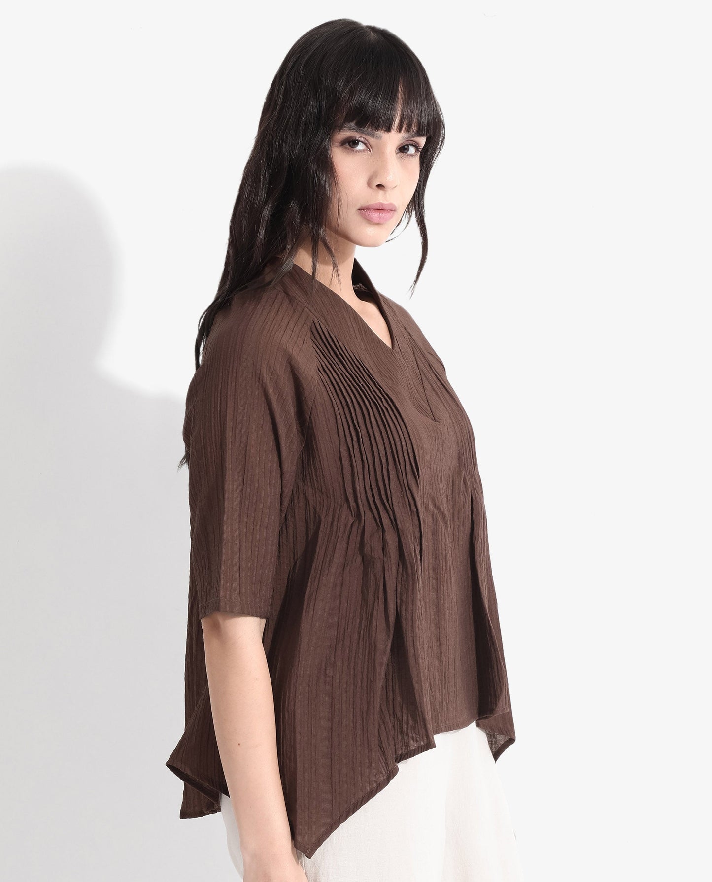 Rareism Women Maruka Rust Raglan Sleeves V-Neck Plain Top