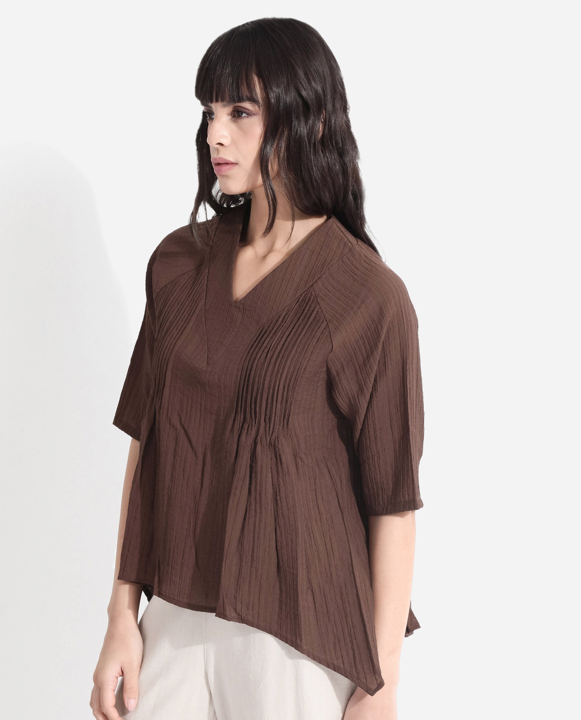 Rareism Women Maruka Rust Raglan Sleeves V-Neck Plain Top