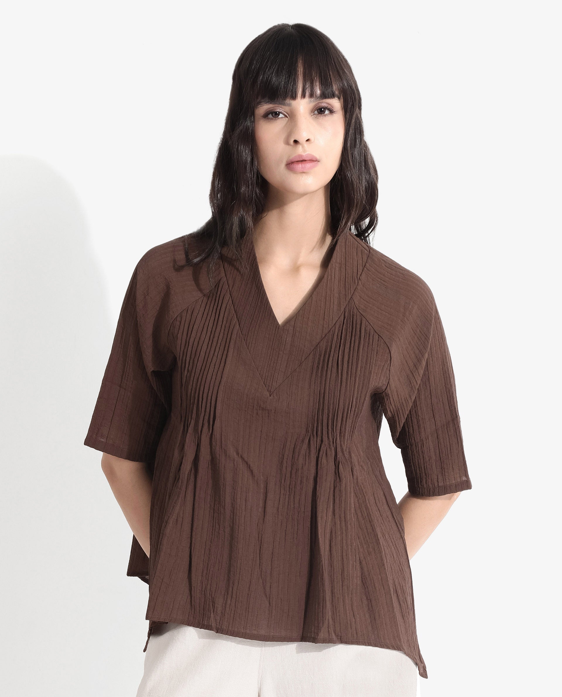 Rareism Women Maruka Rust Raglan Sleeves V-Neck Plain Top