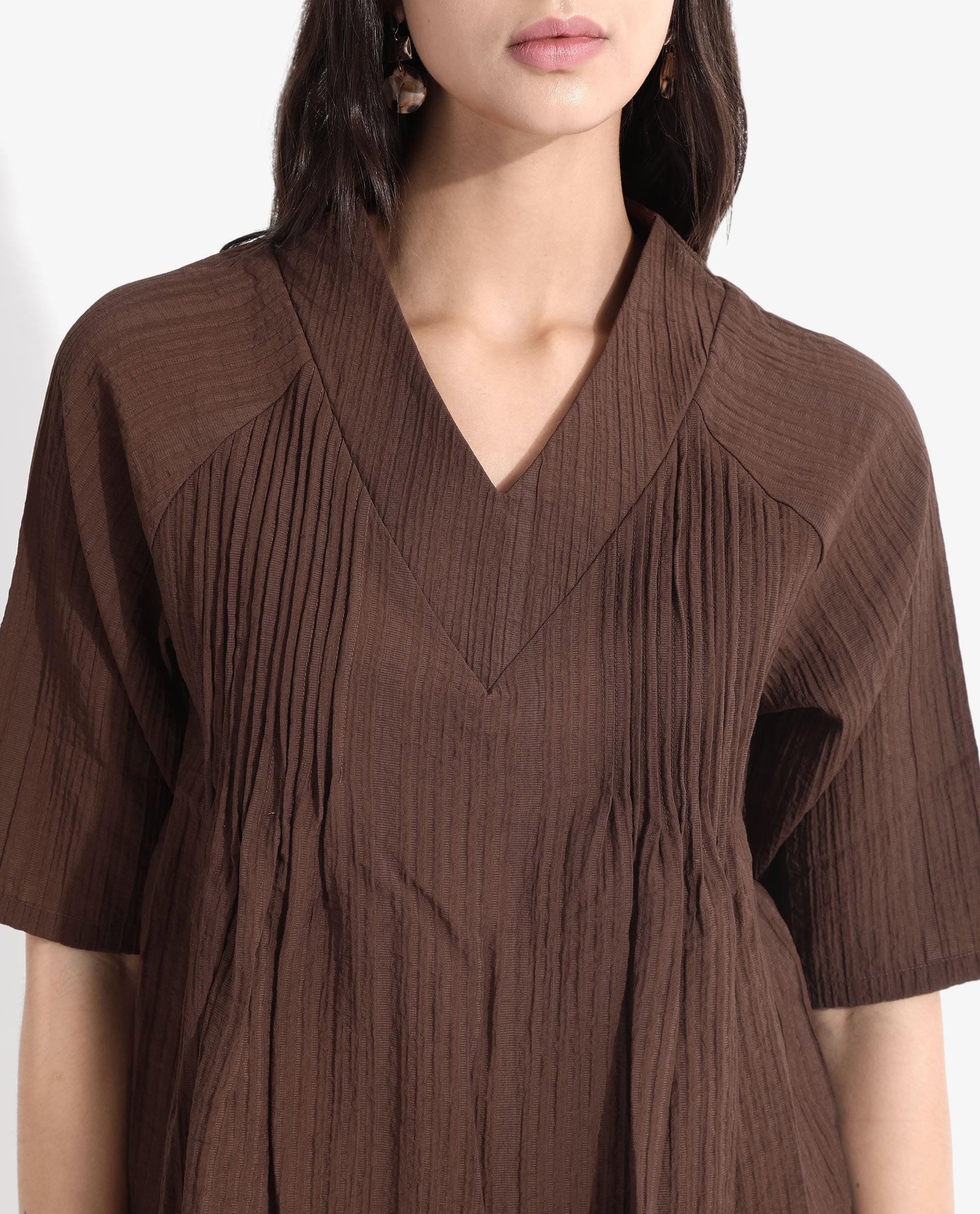 Rareism Women Maruka Rust Raglan Sleeves V-Neck Plain Top