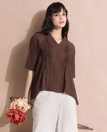 Rareism Women Maruka Rust Raglan Sleeves V-Neck Plain Top