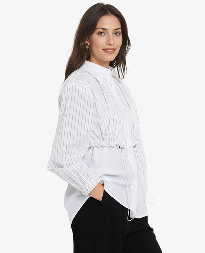 Rareism Women Mashed White Cuffed Sleeve Regular Collar Relaxed Fit Plain Top