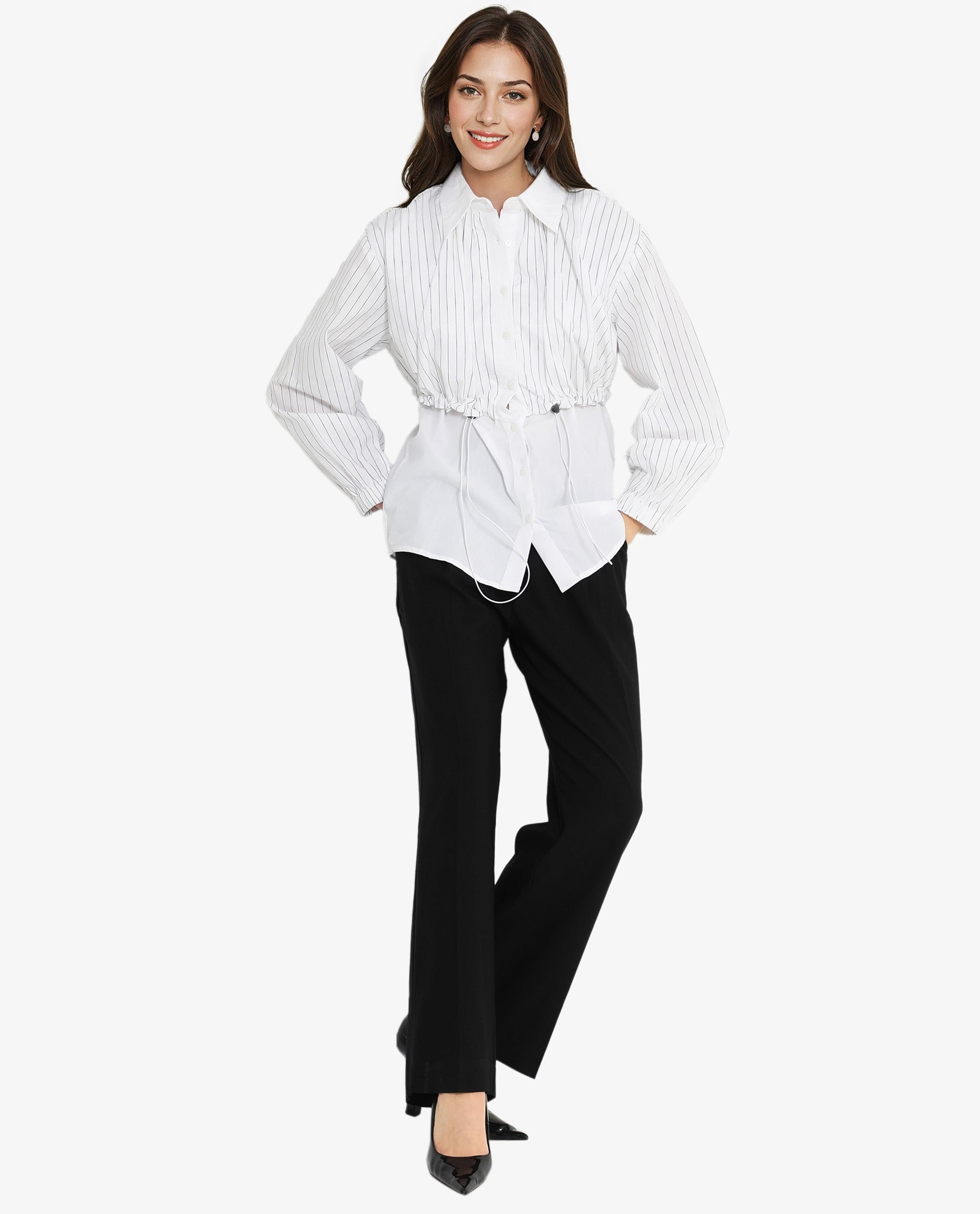 Rareism Women Mashed White Cuffed Sleeve Regular Collar Relaxed Fit Plain Top