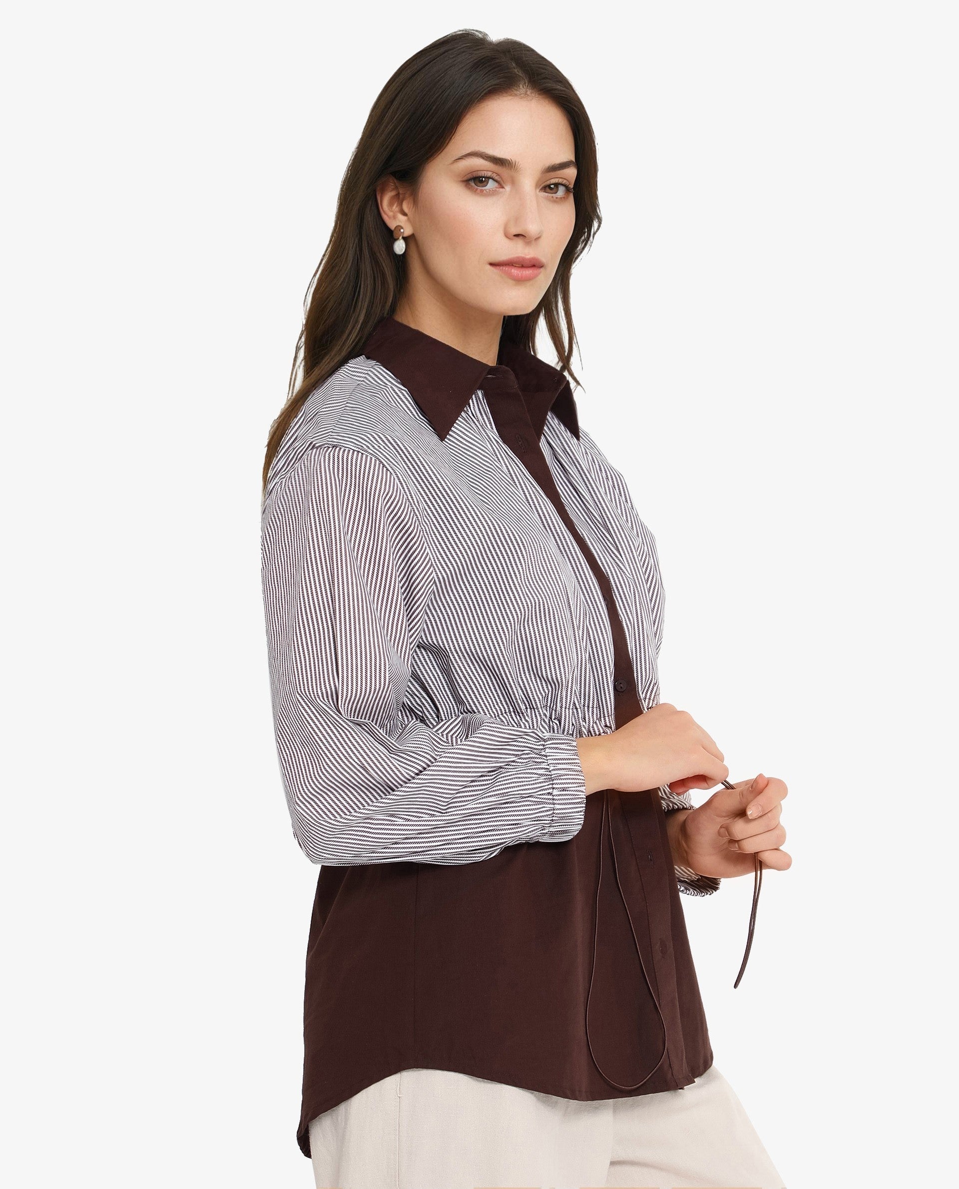 Rareism Women Masher Brown Cuffed Sleeve Regular Collar Relaxed Fit Plain Top