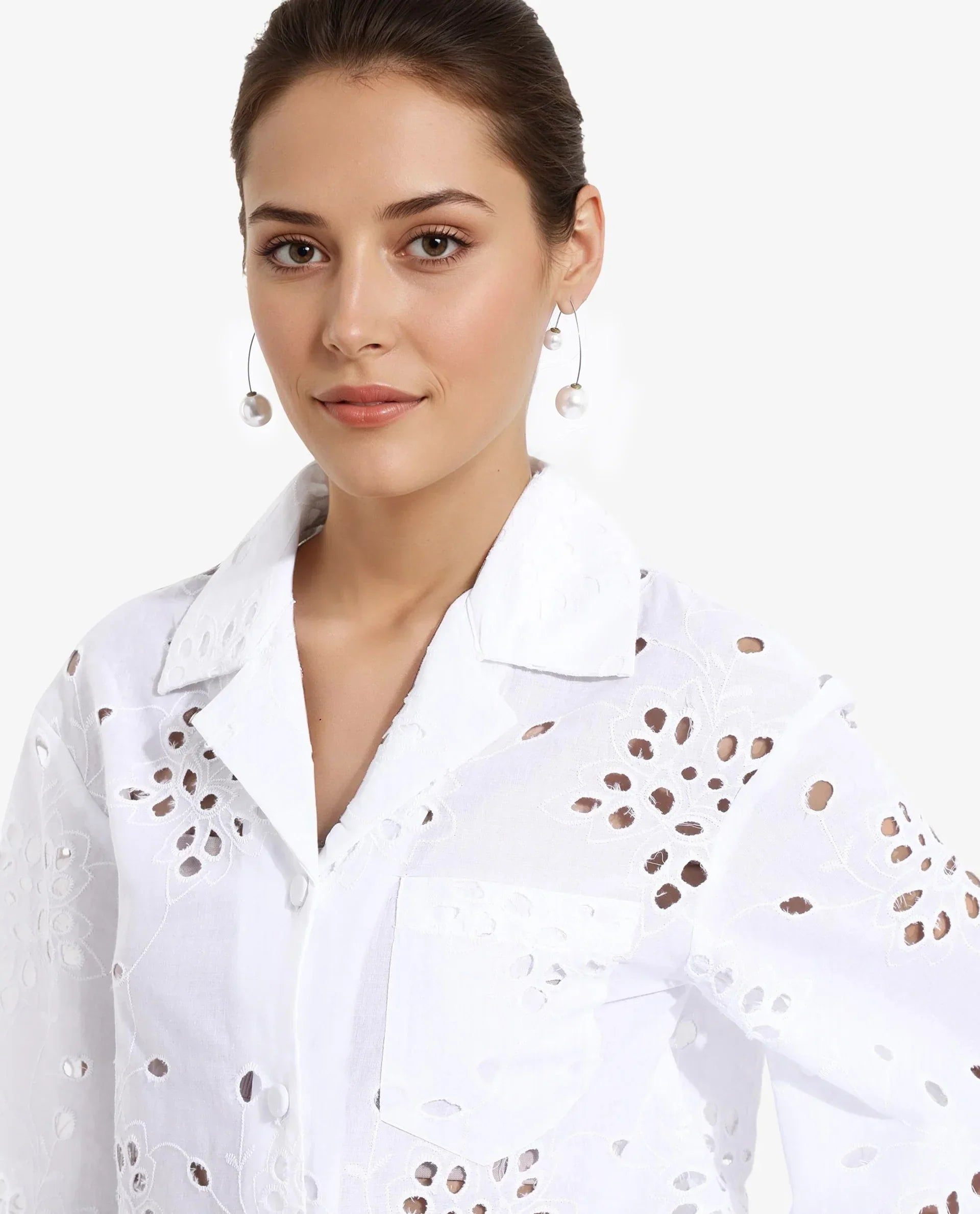 Rareism Women Matcha White 3/4Th Sleeve Collared Neck Button Closure Plain Top