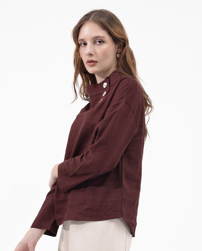 Rareism Women Mayotte Brown Cotton Linen Fabric Regular Sleeves Collared Neck Solid Regular Length Top