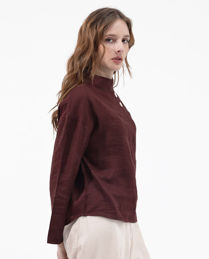 Rareism Women Mayotte Brown Cotton Linen Fabric Regular Sleeves Collared Neck Solid Regular Length Top