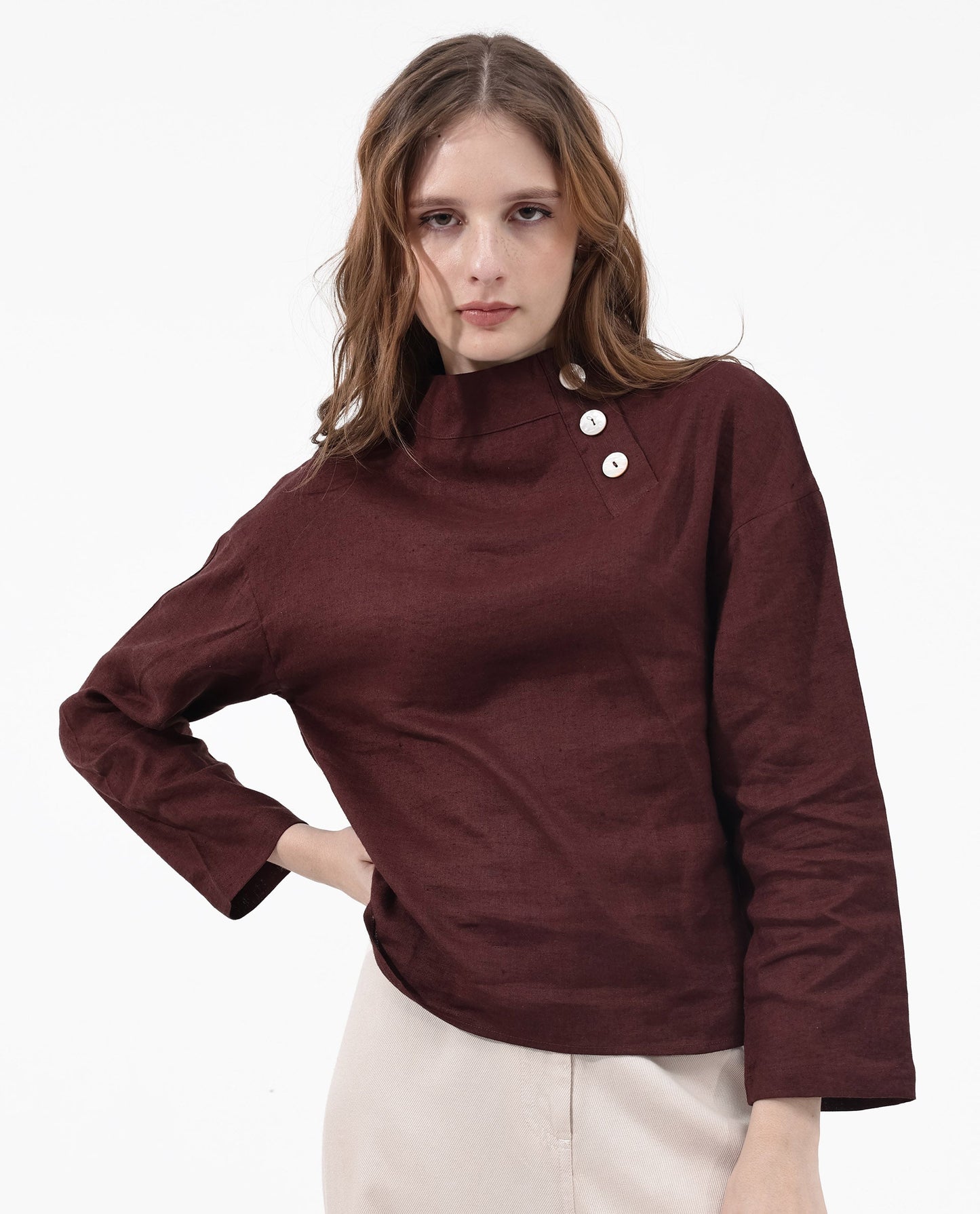 Rareism Women Mayotte Brown Cotton Linen Fabric Regular Sleeves Collared Neck Solid Regular Length Top