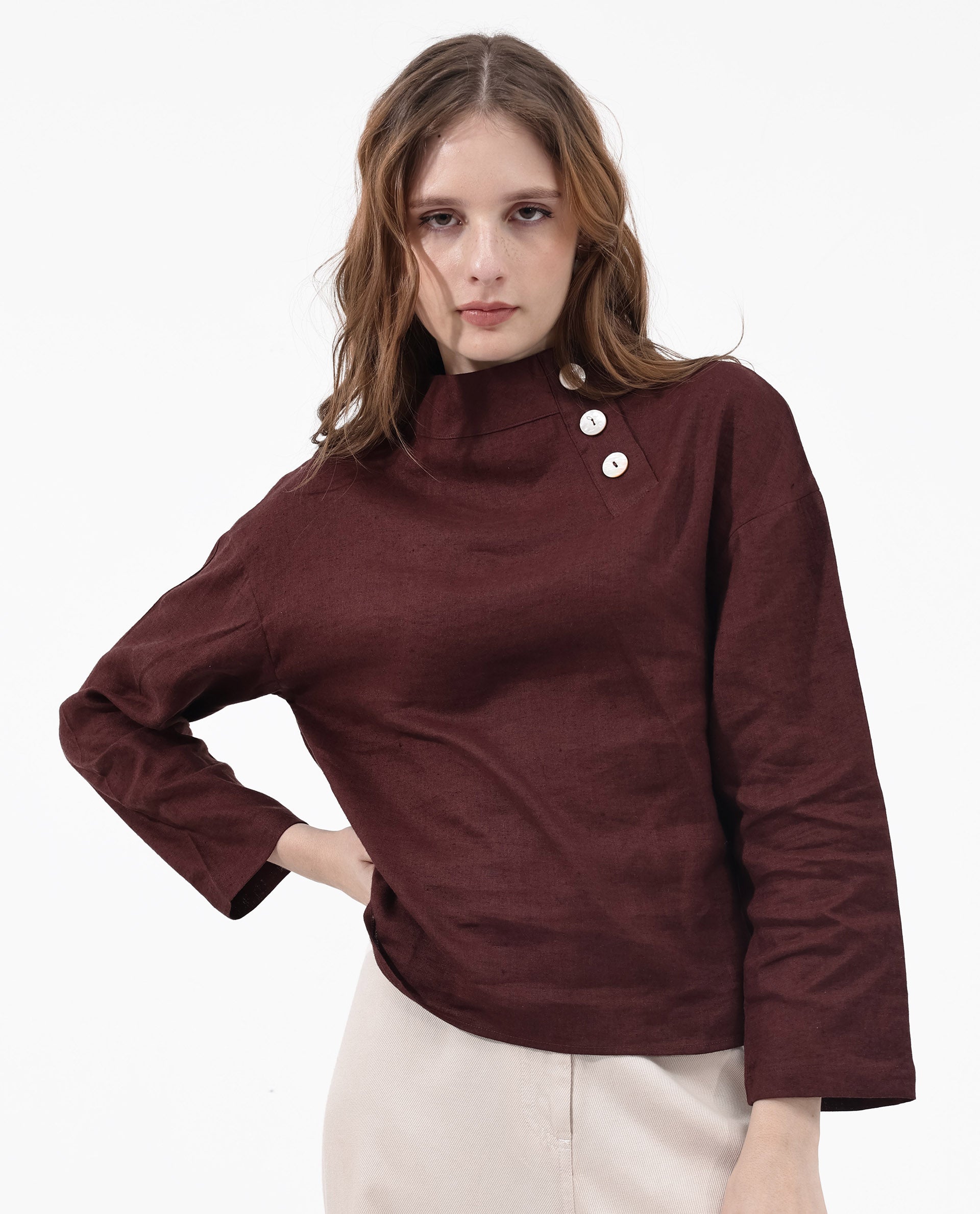 Rareism Women Mayotte Brown Cotton Linen Fabric Regular Sleeves Collared Neck Solid Regular Length Top