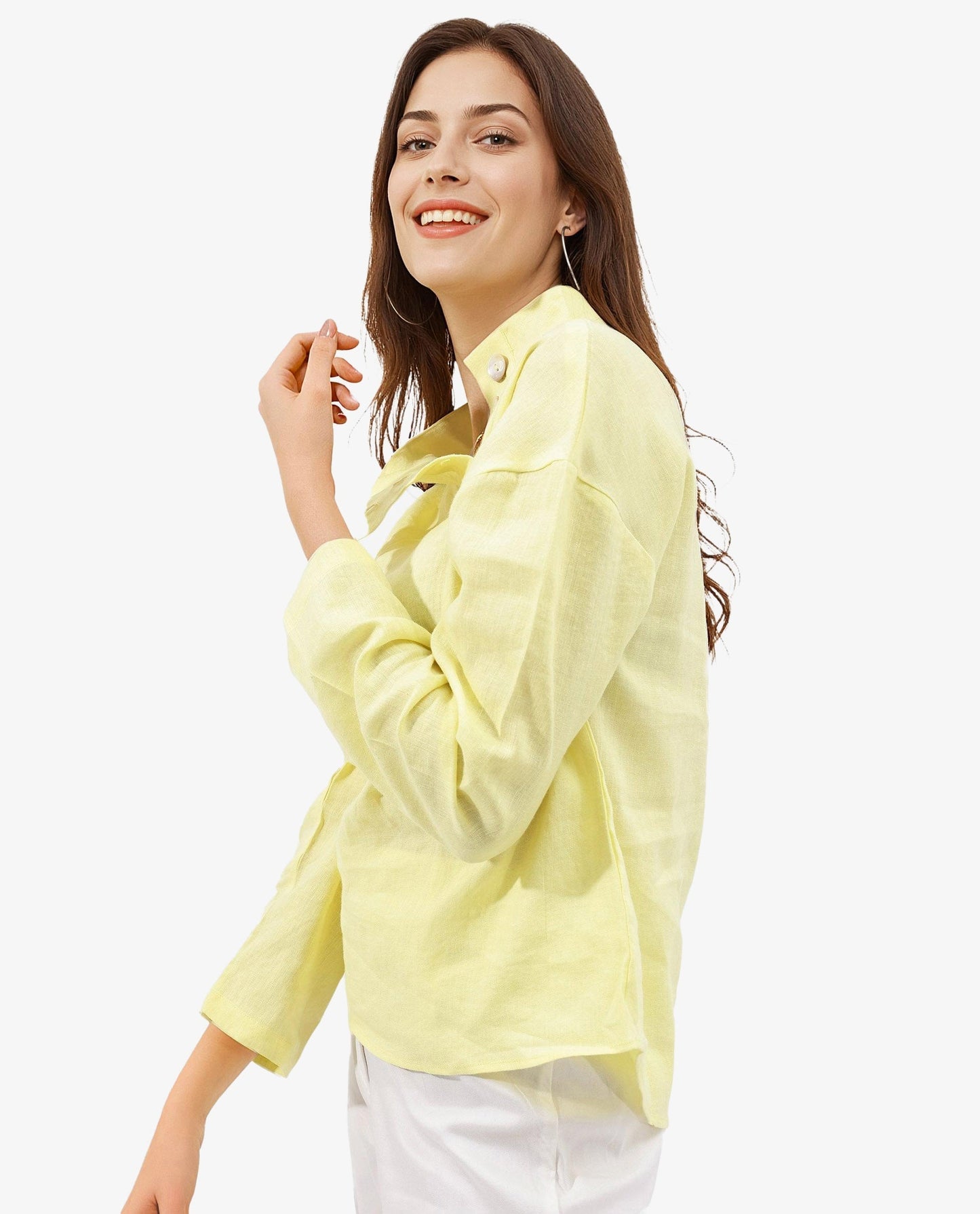 Rareism Women Mayotte Pastel Yellow Cotton Linen Fabric Regular Sleeves Collared Neck Solid Regular Length Top