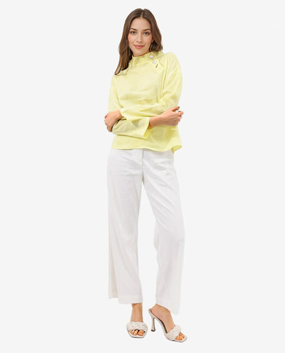 Rareism Women Mayotte Pastel Yellow Cotton Linen Fabric Regular Sleeves Collared Neck Solid Regular Length Top