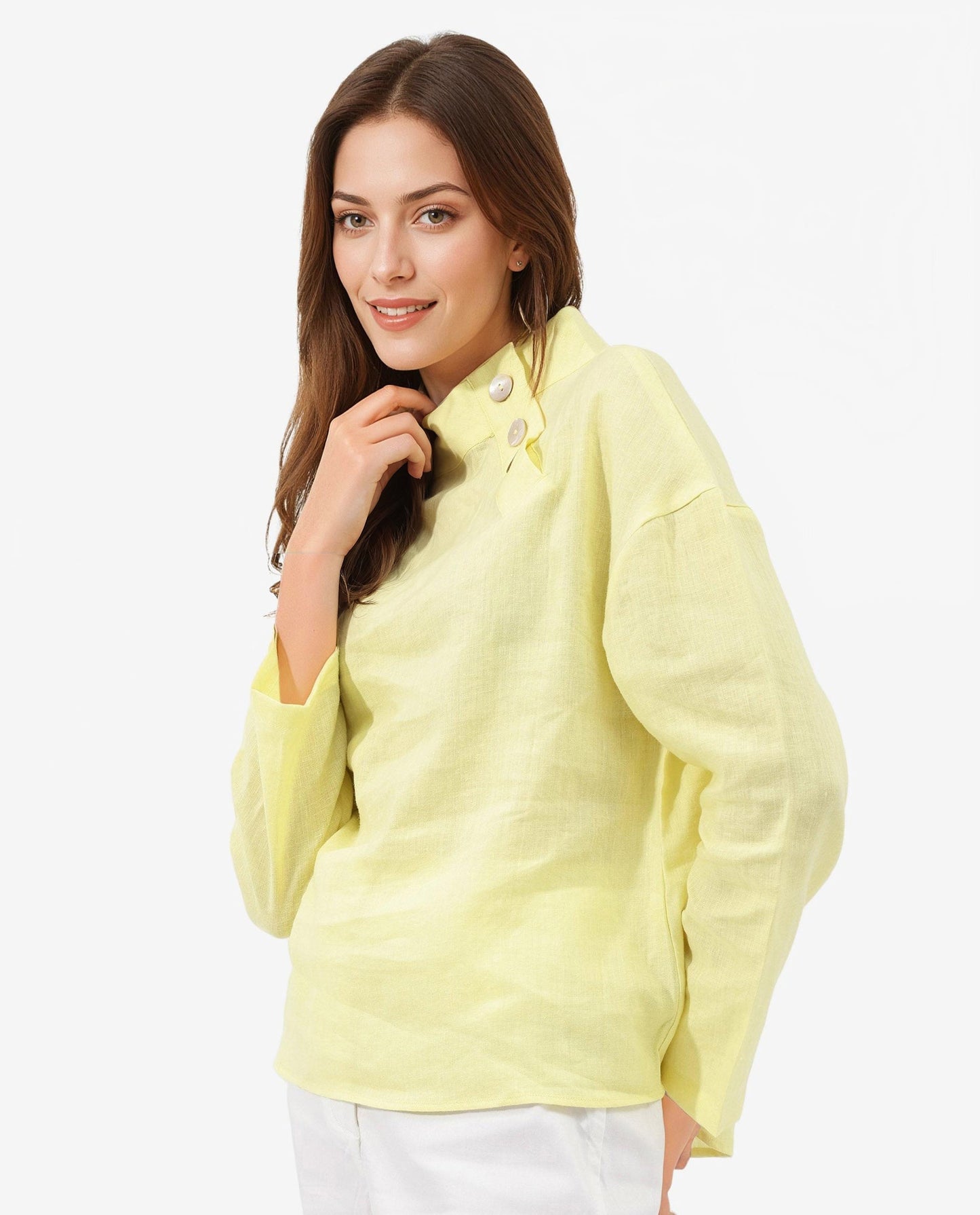 Rareism Women Mayotte Pastel Yellow Cotton Linen Fabric Regular Sleeves Collared Neck Solid Regular Length Top