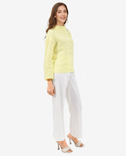 Rareism Women Mayotte Pastel Yellow Cotton Linen Fabric Regular Sleeves Collared Neck Solid Regular Length Top