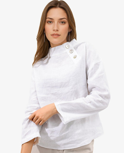 Rareism Women Mayotte White Cotton Linen Fabric Regular Sleeves Collared Neck Solid Regular Length Top