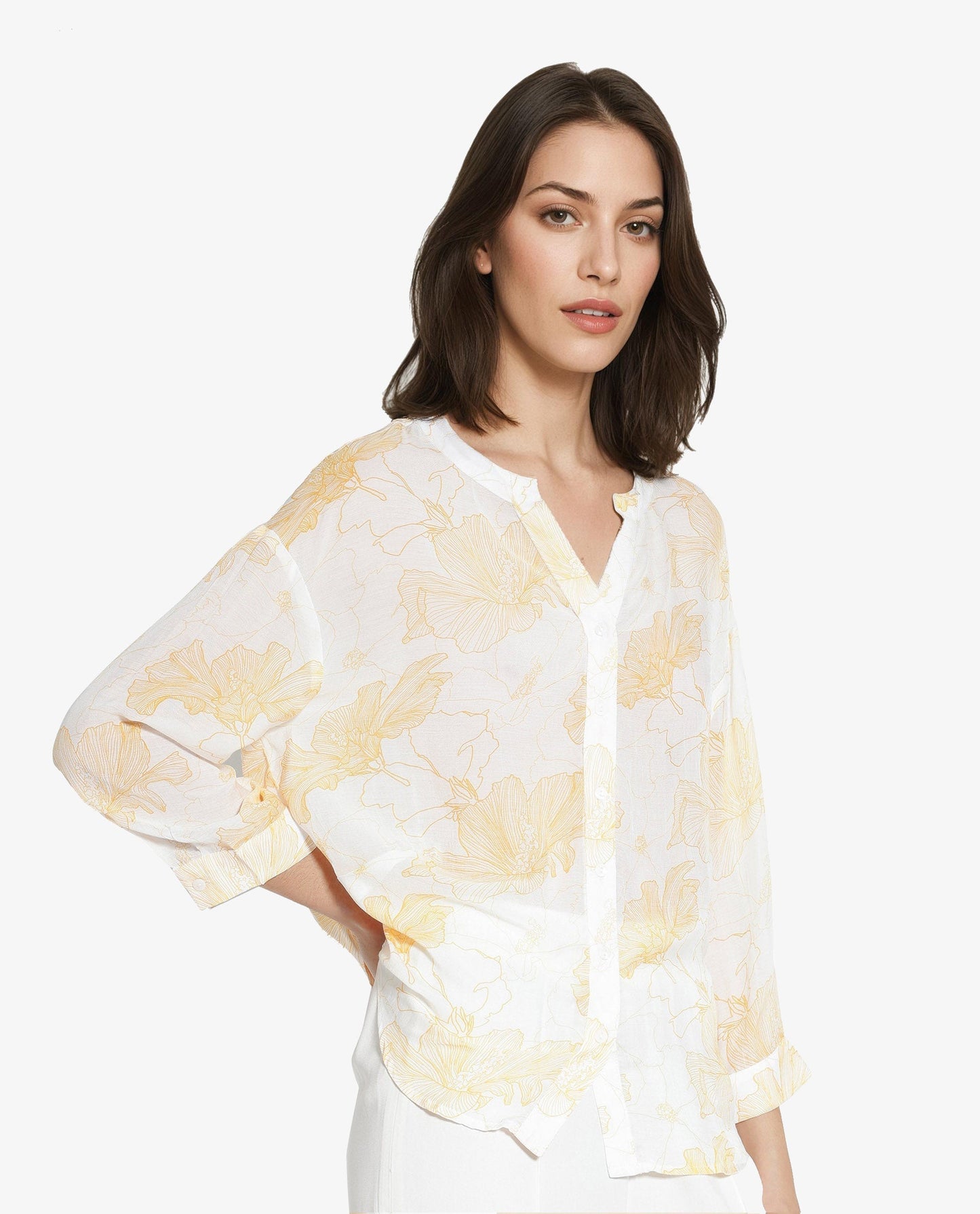 Rareism Women Mayton Light Yellow Button Closure Cuffed Sleeve Mandarin Collar Relaxed Fit Floral Print Shirt