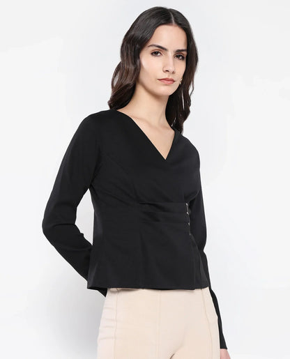 Rareism Women Mellow Black Full Sleeve V-Neck Zip Closure Plain Top