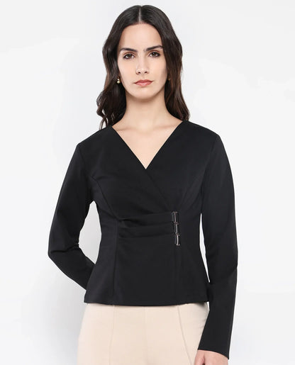 Rareism Women Mellow Black Full Sleeve V-Neck Zip Closure Plain Top