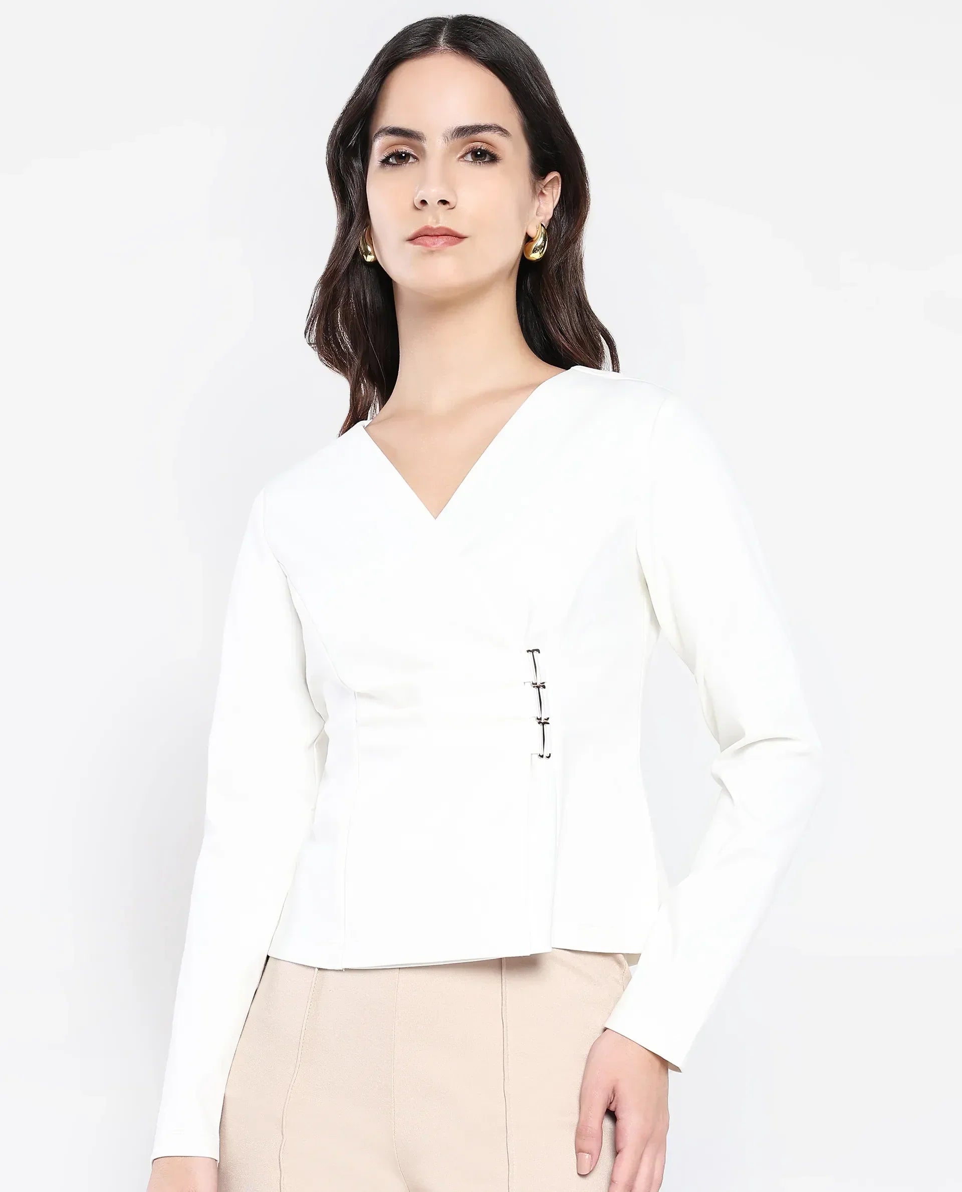 Rareism Women Mellow White Full Sleeve V-Neck Zip Closure Plain Top