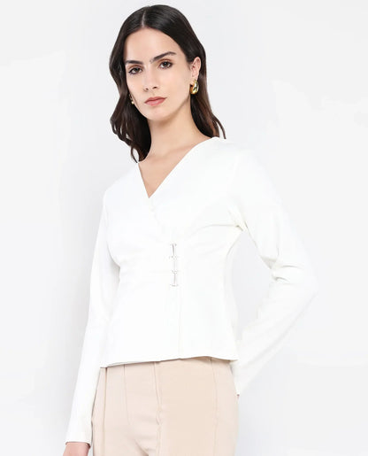 Rareism Women Mellow White Full Sleeve V-Neck Zip Closure Plain Top