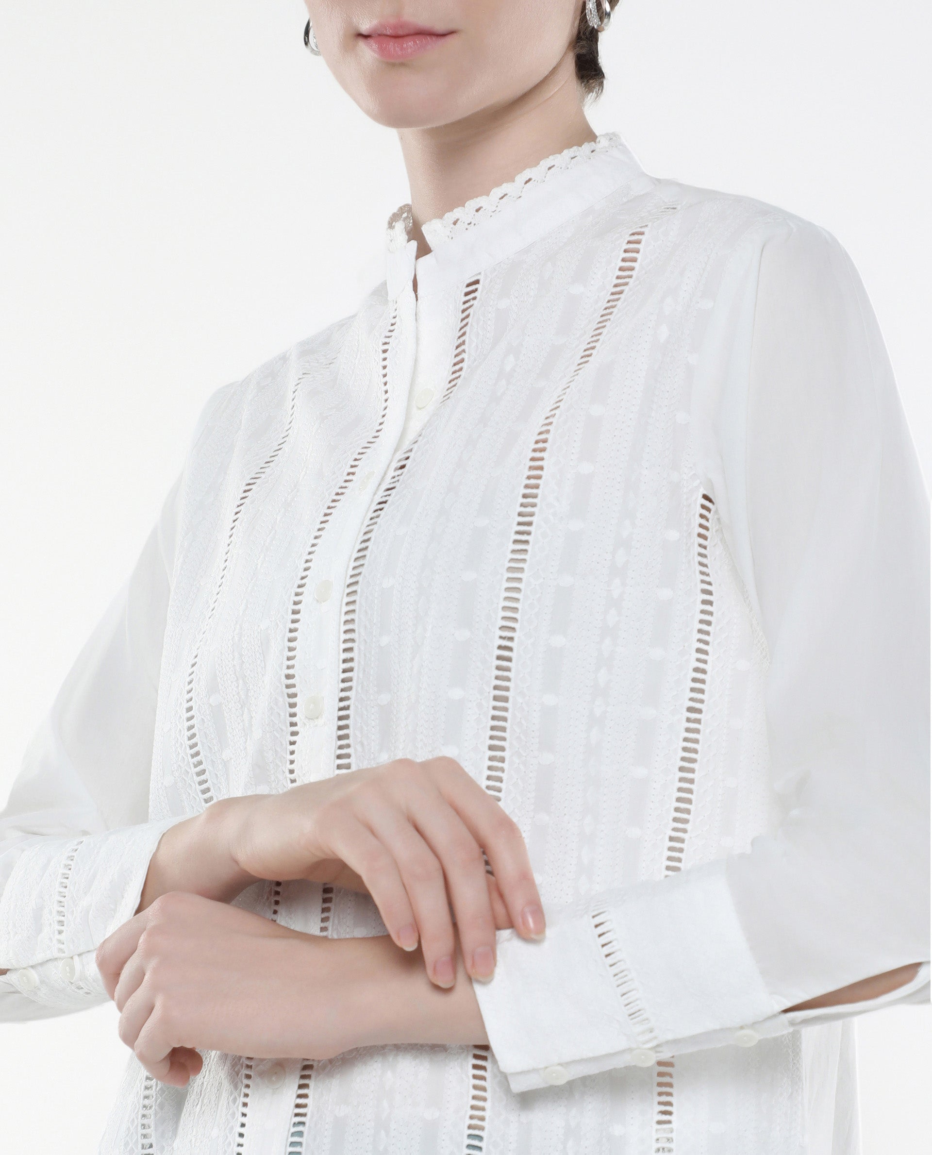 Rareism Women Melloyo Off White Cuffed Sleeves Mandarin Collar Button Closure Plain Top