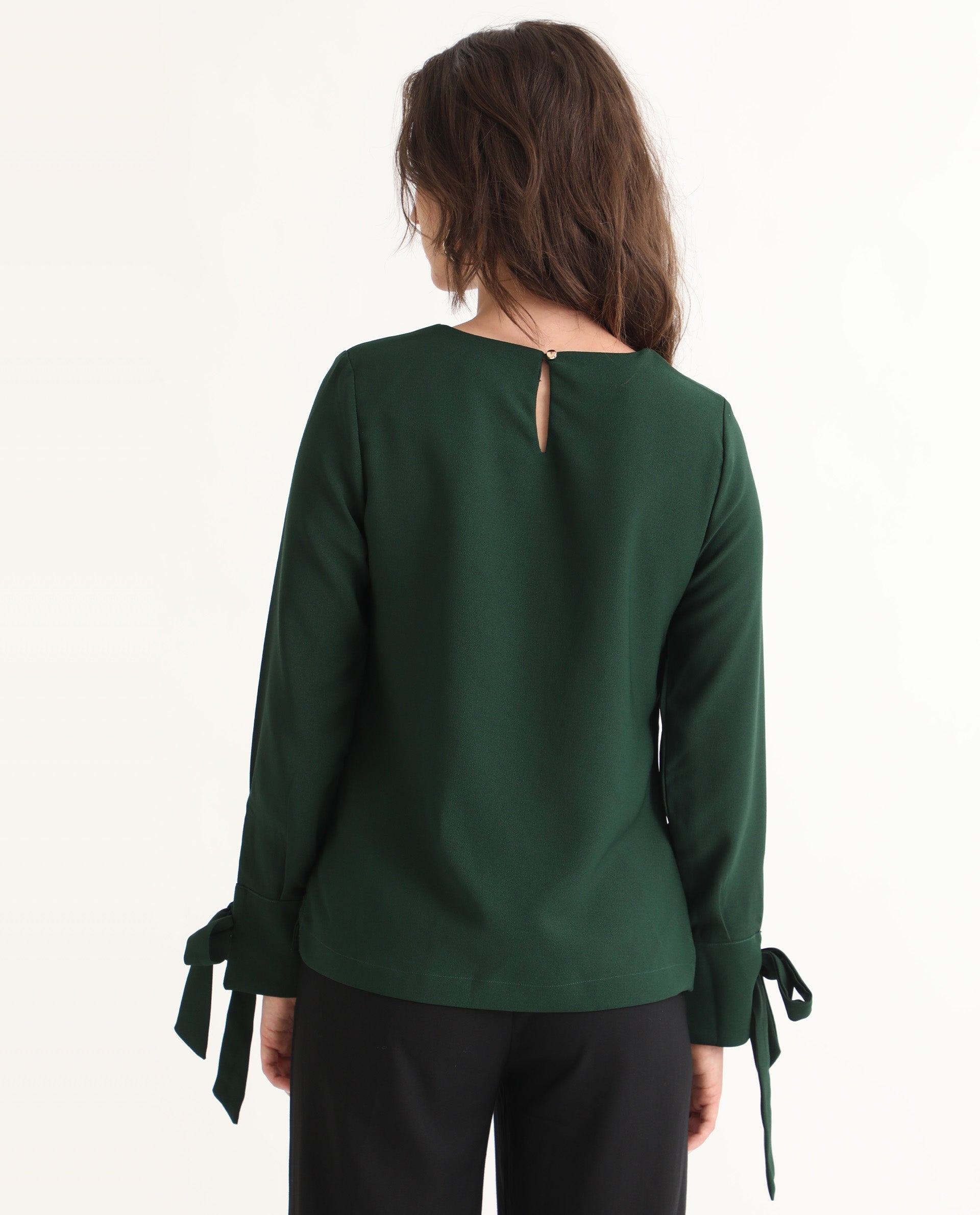 Rareism Women Merach Green Polyester Fabric Full Sleeves Button Closure Boat Neck Regular Fit Plain Top