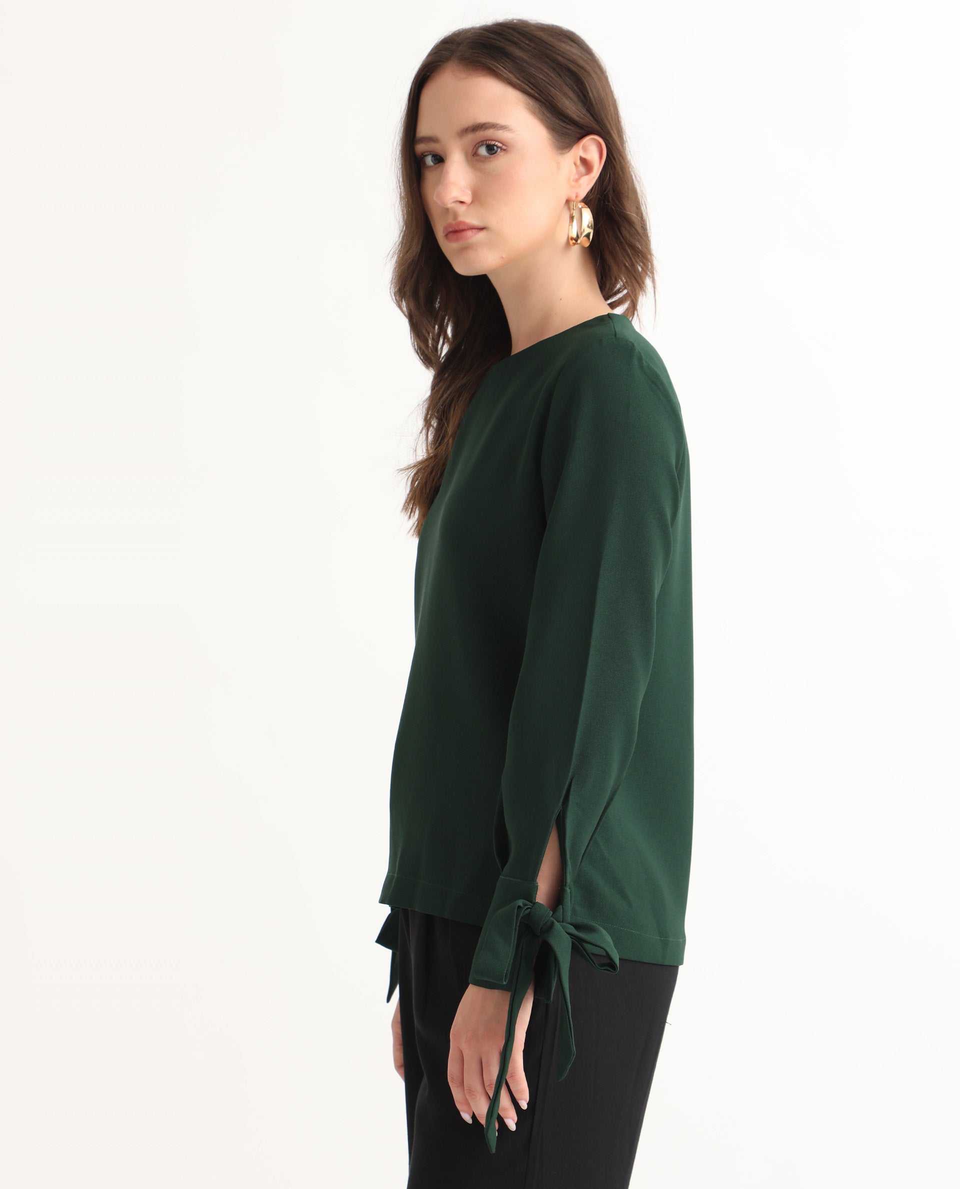 Rareism Women Merach Green Polyester Fabric Full Sleeves Button Closure Boat Neck Regular Fit Plain Top